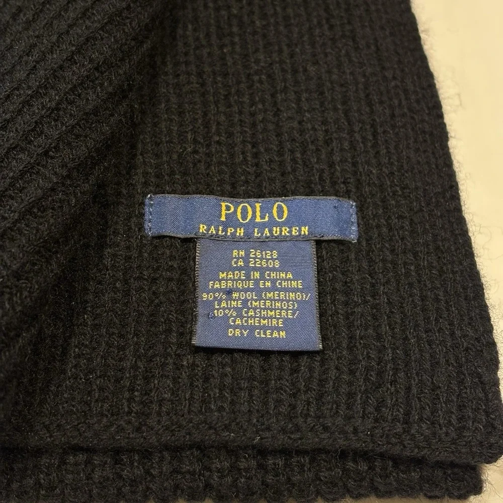 Polo Ralph Lauren Bear Scarf Black Ski Ribbed Knit Wool Cashmere Blend 90x9